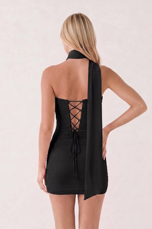 Black Halter Tulle Sheath Ruched Homecoming Dress With Lace-Up Back | KISSPROM