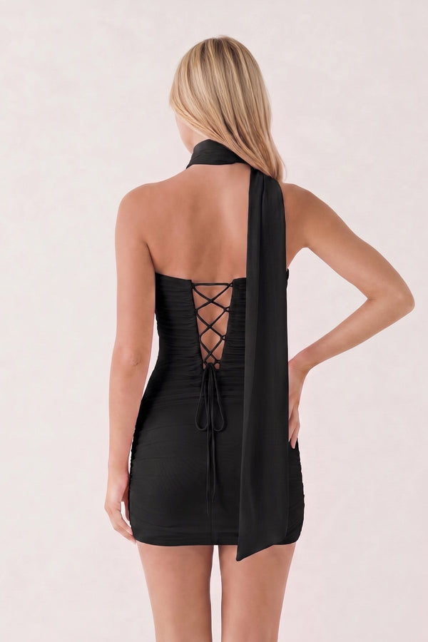 Black Halter Tulle Sheath Ruched Homecoming Dress With Lace-Up Back | KISSPROM