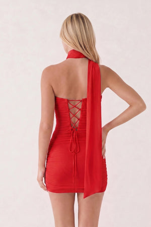 Red Halter Tulle Sheath Ruched Homecoming Dress With Lace-Up Back | KISSPROM