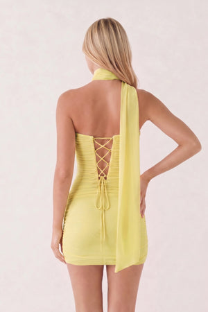 Yellow Halter Tulle Sheath Ruched Homecoming Dress With Lace-Up Back | KISSPROM