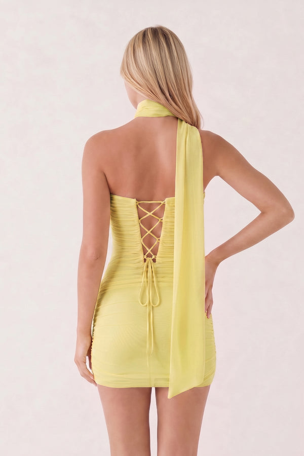 Yellow Halter Tulle Sheath Ruched Homecoming Dress With Lace-Up Back | KISSPROM