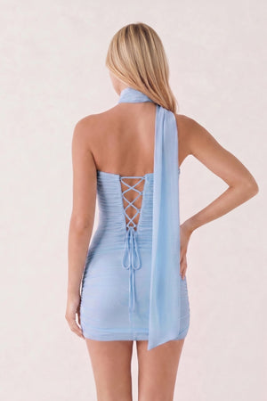 Sky Blue Halter Tulle Sheath Ruched Homecoming Dress With Lace-Up Back (4) | KISSPROM
