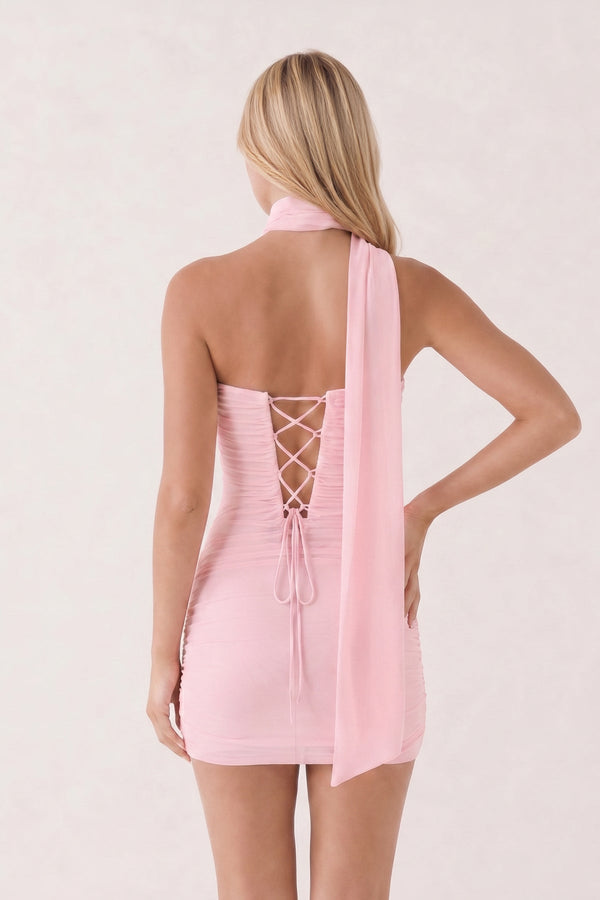 Pink Halter Tulle Sheath Ruched Homecoming Dress Wiith Lace-Up Back - KISSPROM