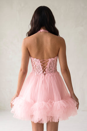 Pink Halter Tulle Tiered A-Line Homecoming Dress With Lace Appliques (2) | KISSPROM