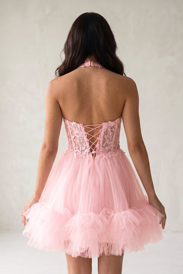 Pink Halter Tulle Tiered A-Line Homecoming Dress With Lace Appliques (2) | KISSPROM