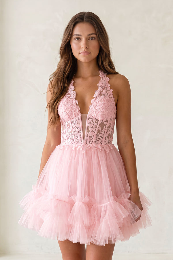 Pink Halter Tulle Tiered A-Line Homecoming Dress With Lace Appliques | KISSPROM