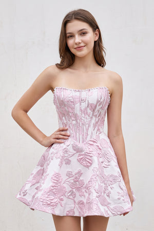Pink Jacquard A-Line Strapless Corset Homecoming Dress With Pearl (3) | KISSPROM