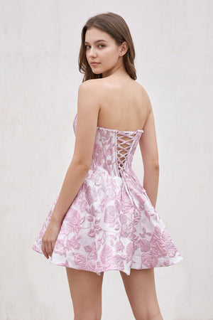 Pink Jacquard A-Line Strapless Corset Homecoming Dress With Pearl (2) | KISSPROM