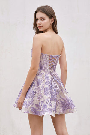 Lavender Pink Jacquard A-Line Strapless Corset Homecoming Dress With Pearl (2) | KISSPROM