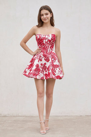 Red Pink Jacquard A-Line Strapless Corset Homecoming Dress With Pearl (3) | KISSPROM