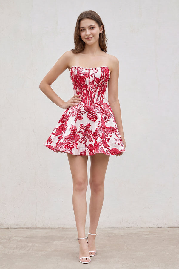 Red Pink Jacquard A-Line Strapless Corset Homecoming Dress With Pearl (3) | KISSPROM