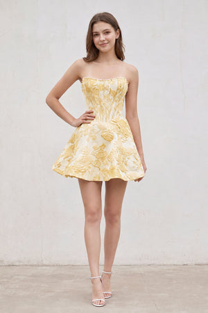 Yellow Pink Jacquard A-Line Strapless Corset Homecoming Dress With Pearl (3) | KISSPROM