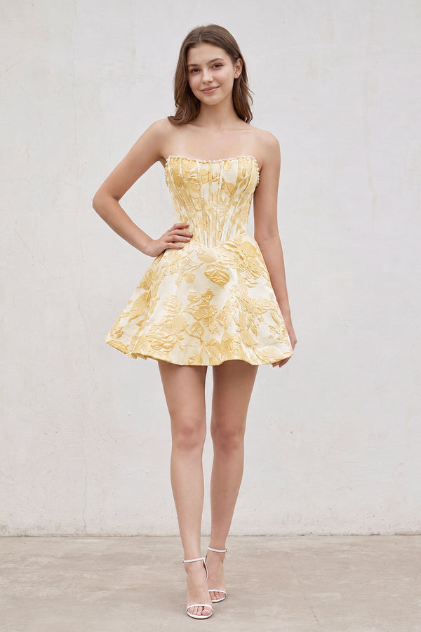 Yellow Pink Jacquard A-Line Strapless Corset Homecoming Dress With Pearl (3) | KISSPROM