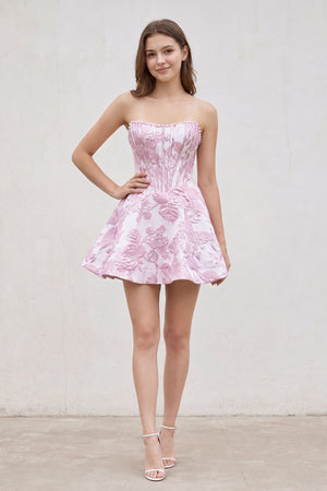 Pink Jacquard A-Line Strapless Corset Homecoming Dress With Pearl (3) | KISSPROM