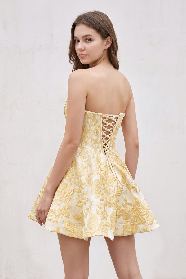 Yellow Pink Jacquard A-Line Strapless Corset Homecoming Dress With Pearl (2) | KISSPROM