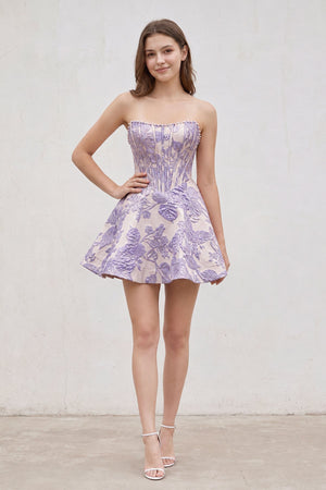 Lavender Pink Jacquard A-Line Strapless Corset Homecoming Dress With Pearl (3) | KISSPROM