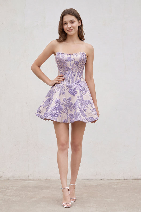 Lavender Pink Jacquard A-Line Strapless Corset Homecoming Dress With Pearl (3) | KISSPROM