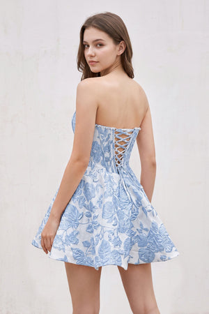 Blue Pink Jacquard A-Line Strapless Corset Homecoming Dress With Pearl (2) | KISSPROM