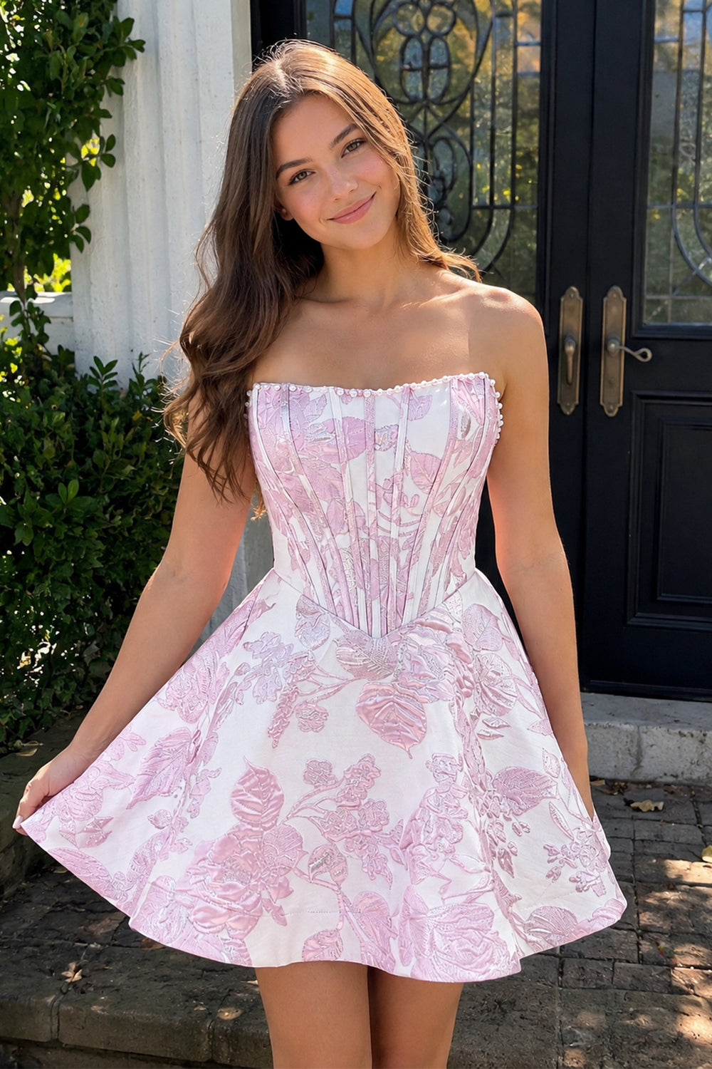 Pink Jacquard A-Line Strapless Corset Homecoming Dress With Pearl | KISSPROM
