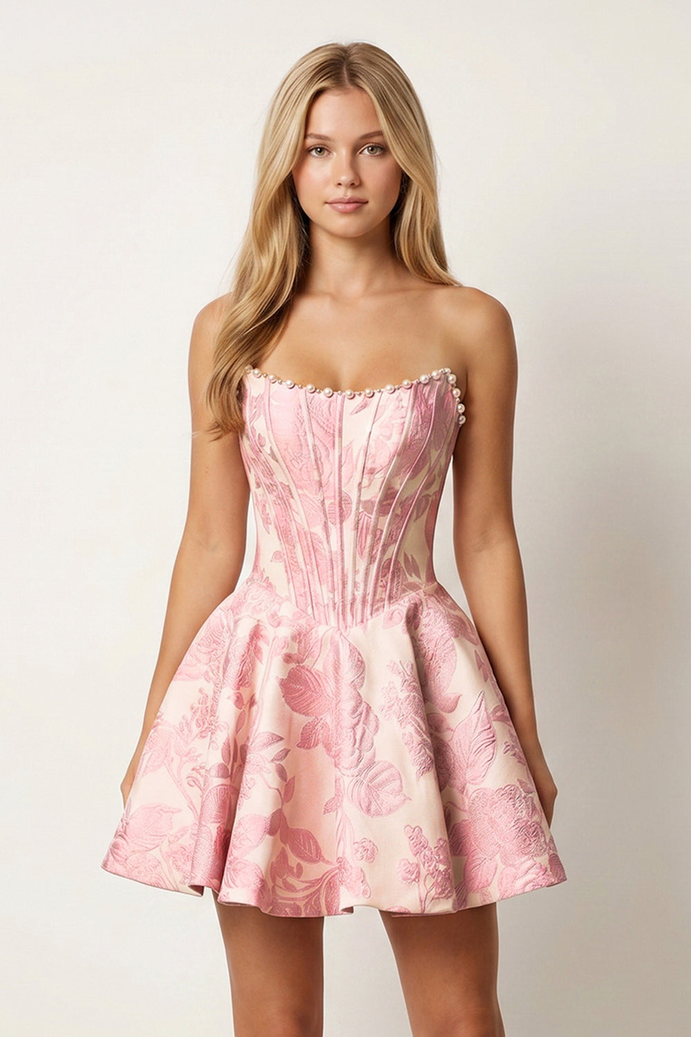 Pink Jacquard A-Line Strapless Corset Homecoming Dress With Pearl - KissProm