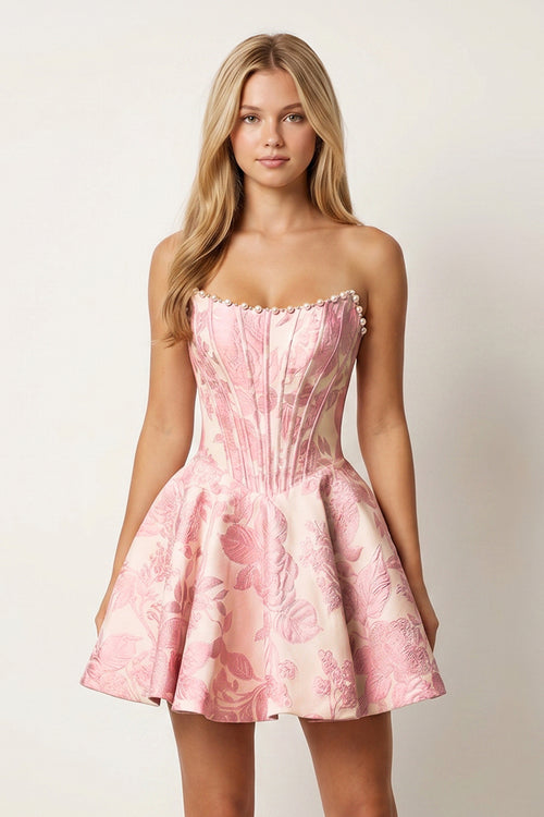 Pink Jacquard A-Line Strapless Corset Homecoming Dress With Pearl - KissProm