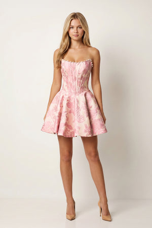 Pink Jacquard A-Line Strapless Corset Homecoming Dress With Pearl - KissProm