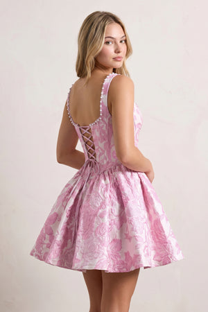 Pink A-Line Square Neck Jacquard Corset Homecoming Dress With Pearl - KISSPROM