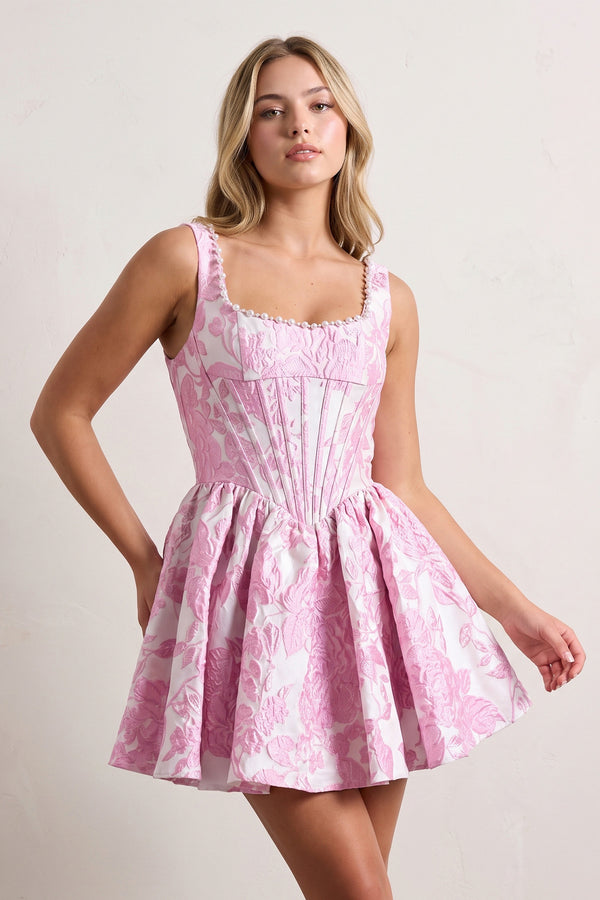 Pink A-Line Square Neck Jacquard Corset Homecoming Dress With Pearl - KISSPROM