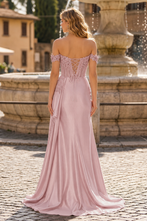 Off the Shoulder Satin Beaded Prom Dress With Appliques