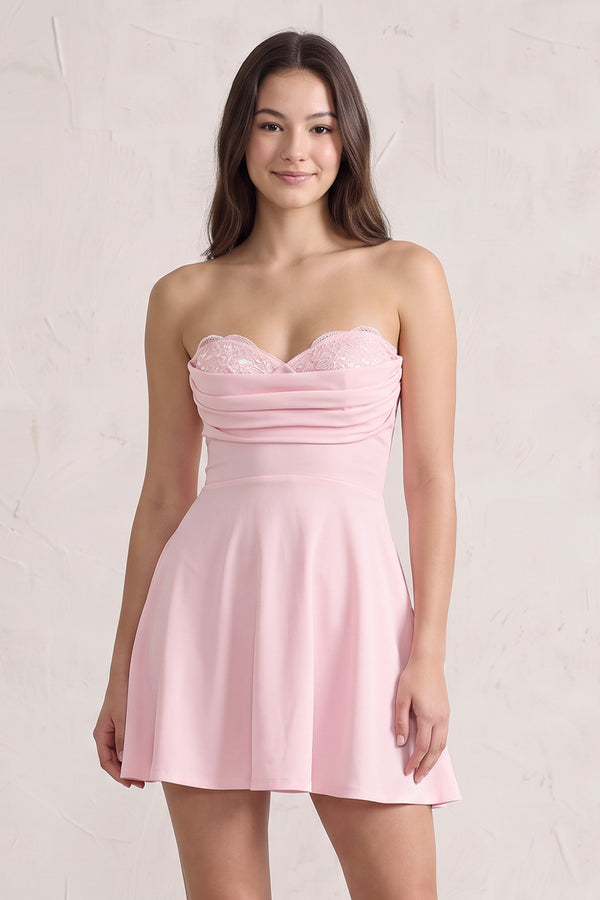 Pink Lace Sweetheart A-Line Linen Short Homecoming Dress (3) | KISSPROM