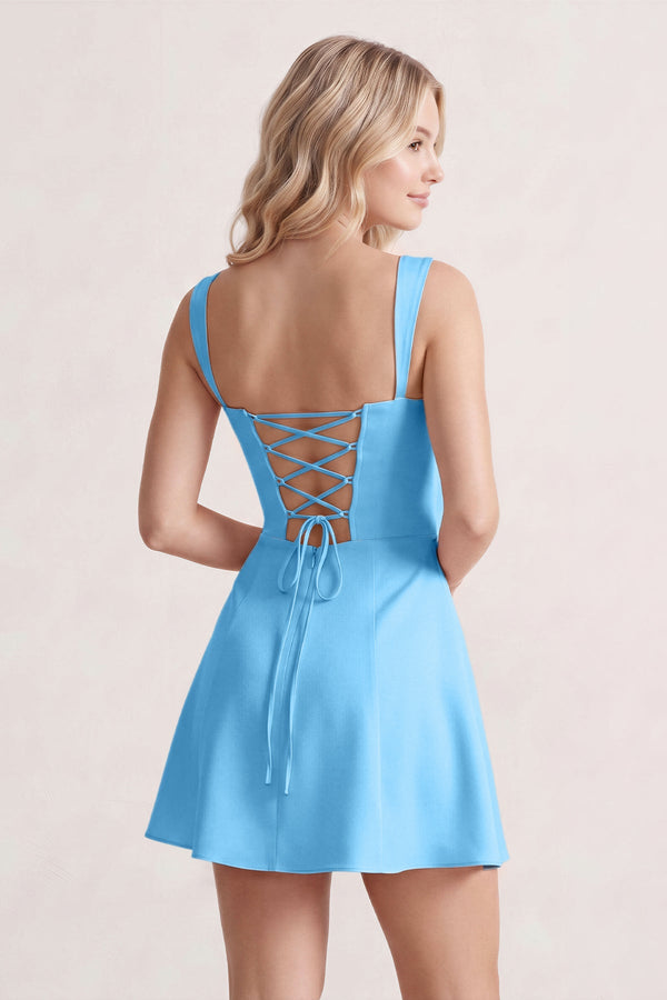 Blue Lace Sweetheart A-Line Satin Homecoming Dress With Lace-Up Back | KISSPROM