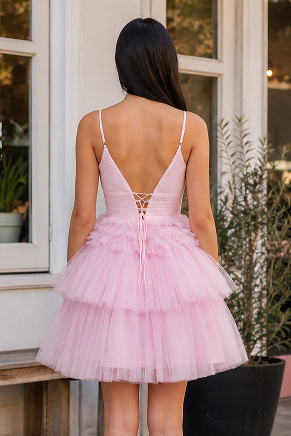 A-Line Deep V Neck Tiered Short Homecoming Dress