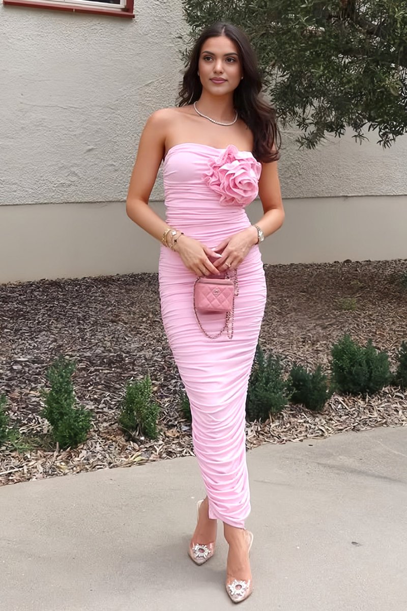 Dravor | Pink - Strapless Sheath Ankle Length Pleated Prom Dresses With Flower - KissProm