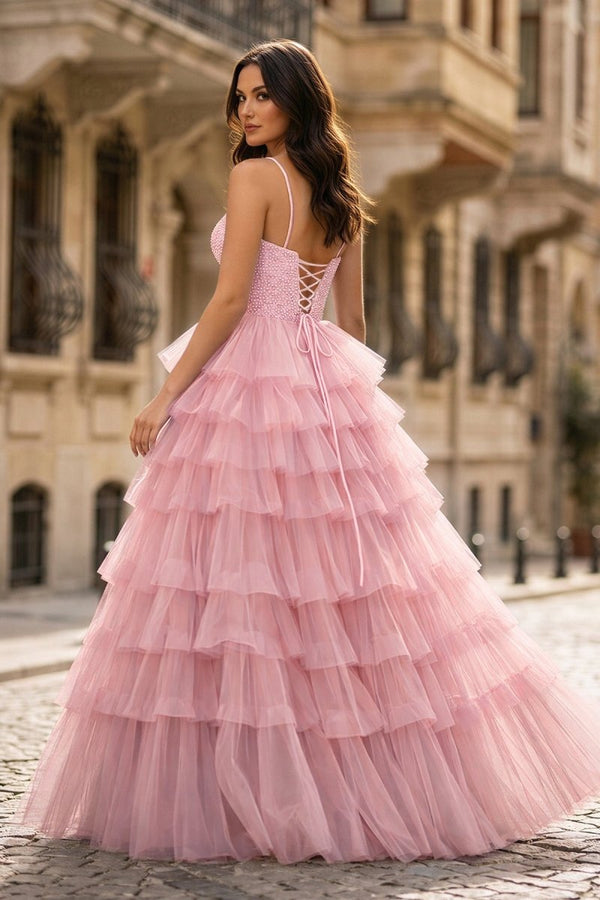 layered tulle prom dress Spaghetti Straps Sweetheart Layered Tulle Formal Prom Dress with Slit