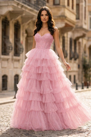 Spaghetti Straps Sweetheart Layered Tulle Formal Prom Dress with Slit - KissProm
