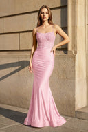 Pink Mermaid Spaghetti Straps Long Party Dress with Appliques | KISSPROM