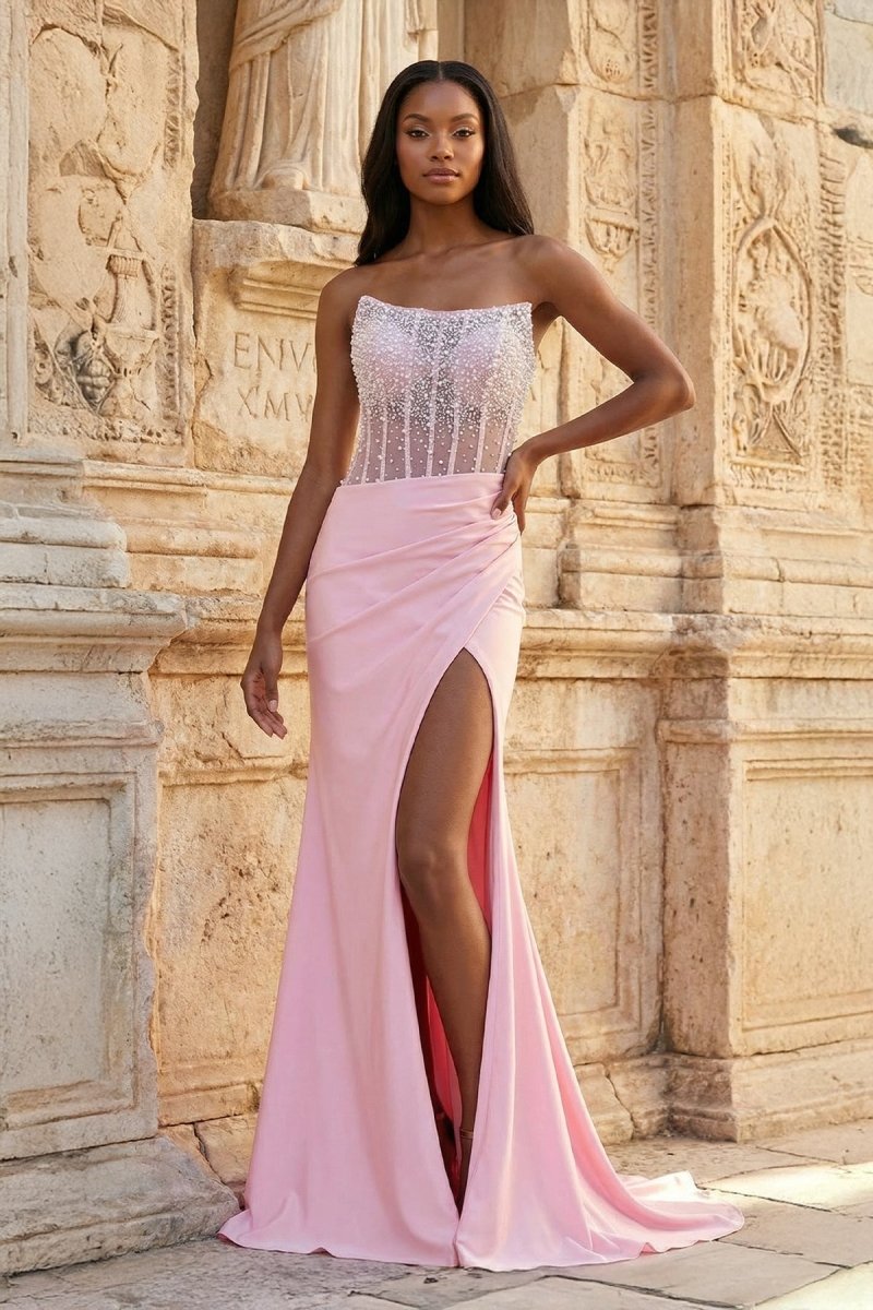 Pink Mermaid Strapless Satin Beaded Long Prom Dresses With Slit - KissProm