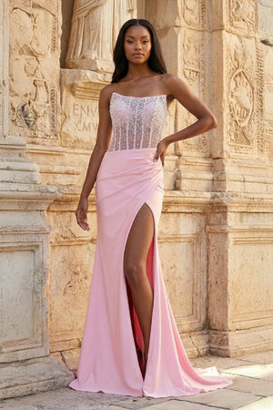Pink Mermaid Strapless Satin Beaded Long Prom Dresses With Slit - KissProm