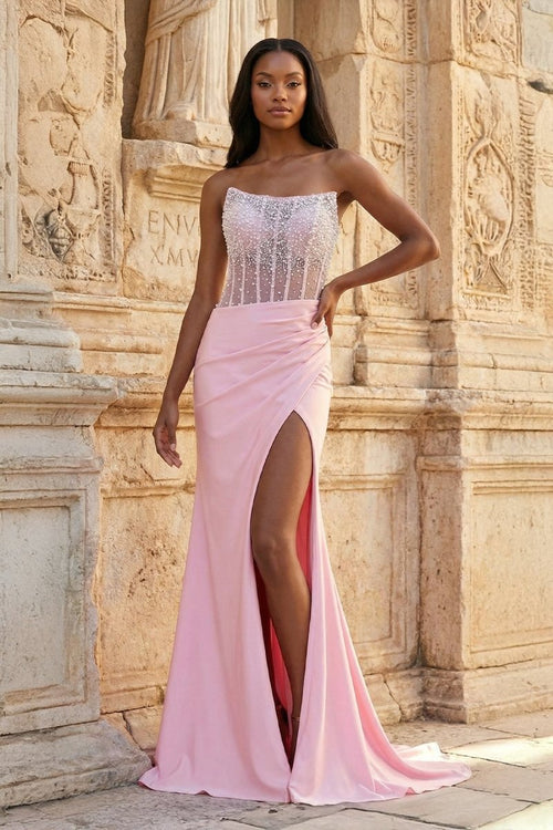 Pink Mermaid Strapless Satin Beaded Long Prom Dresses With Slit - KissProm