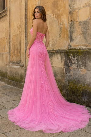 Pink Mermaid Sweetheart Neck Lace Long Prom Dress With Appliques - KissProm
