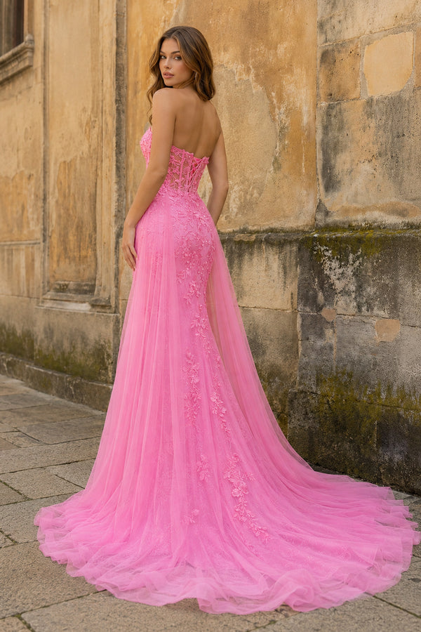Pink Mermaid Sweetheart Neck Lace Long Prom Dress With Appliques - KissProm
