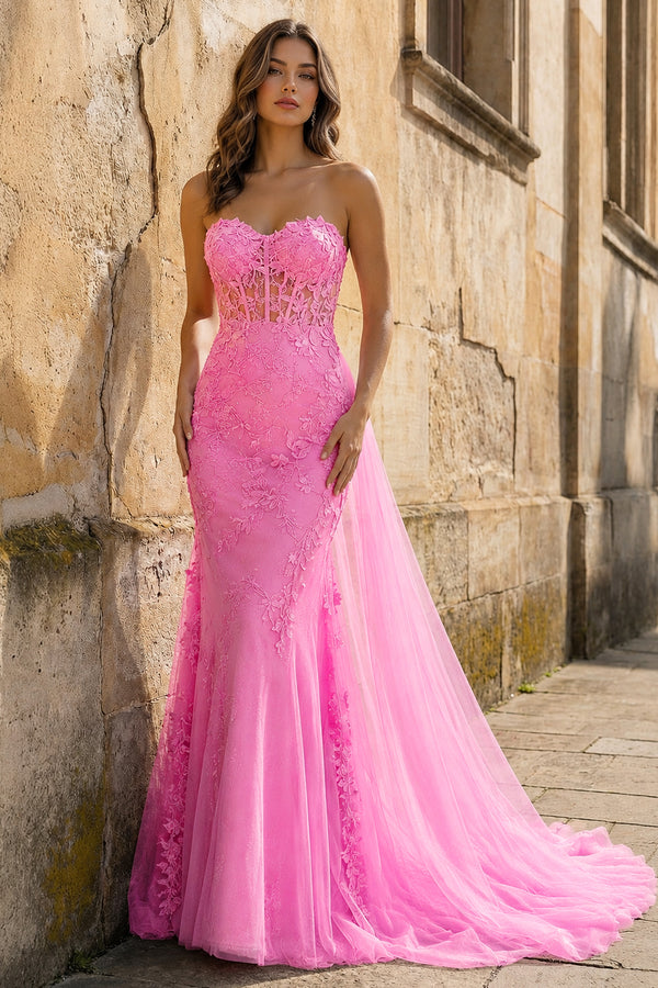 Pink Mermaid Sweetheart Neck Lace Long Prom Dress With Appliques - KissProm