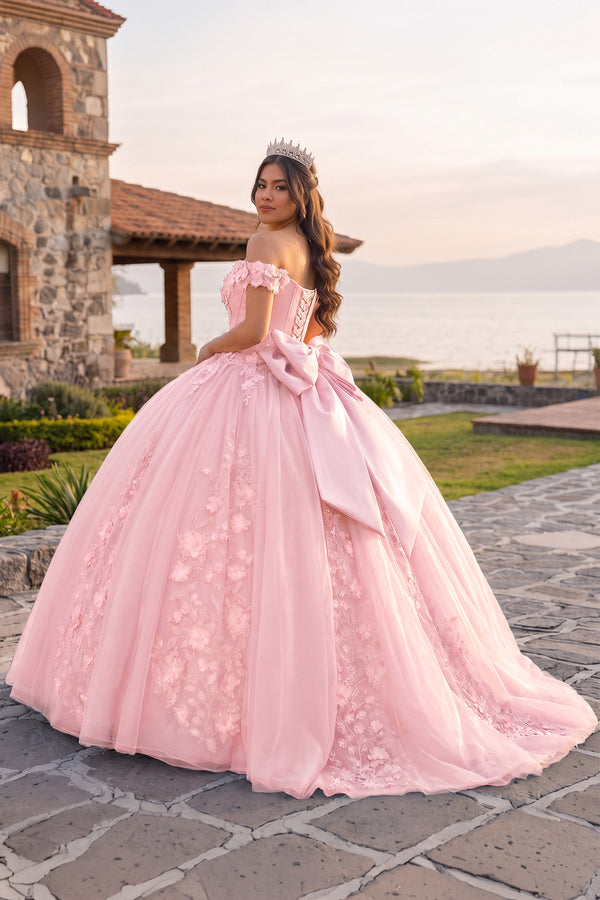 Pink Off Shoulder 3D Floral Applique Quinceanera Dresses (2) | KISSPROM