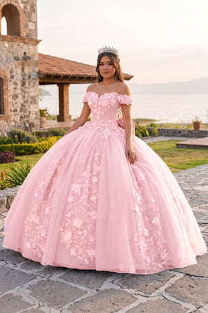 Pink Off Shoulder 3D Floral Applique Quinceanera Dresses | KISSPROM