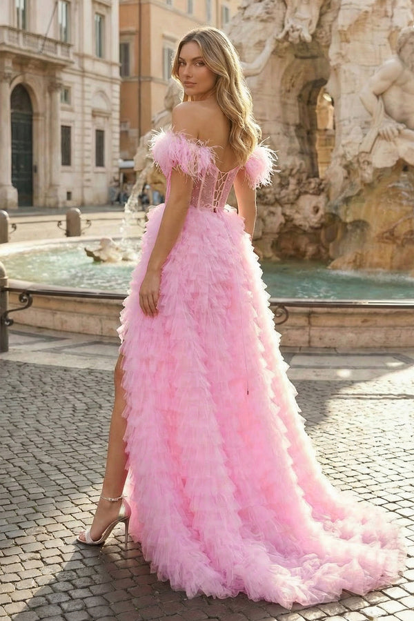 KissProm- Pink A Line Sweetheart Tiered Tulle Long Prom Dress With Slit