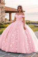 Pink Off Shoulder 3D Floral Applique Quinceanera Dresses - KISSPROM