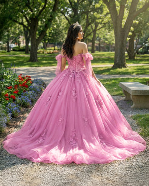 Pink Off Shoulder Tulle Quinceanera Dresses With Lace Appliques (2) | KISSPROM