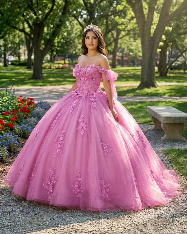 Pink Off Shoulder Tulle Quinceanera Dresses With Lace Appliques | KISSPROM