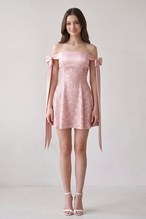 Pink Off-the-Shoulder A-Line Satin Homecoming Dress with Sequins (3) | KISSPROM