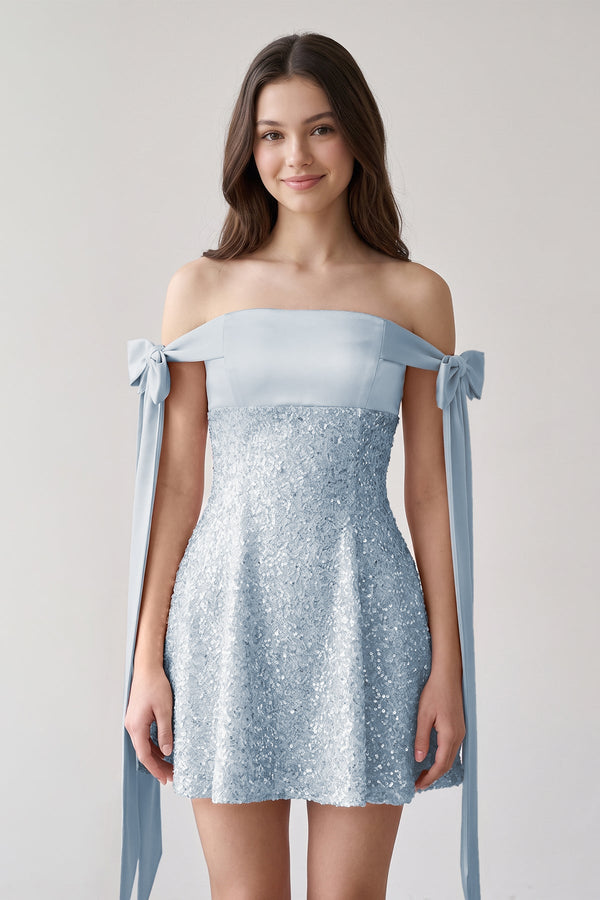 Blue Off-the-Shoulder A-Line Satin Homecoming Dress with Sequins | KISSPROM